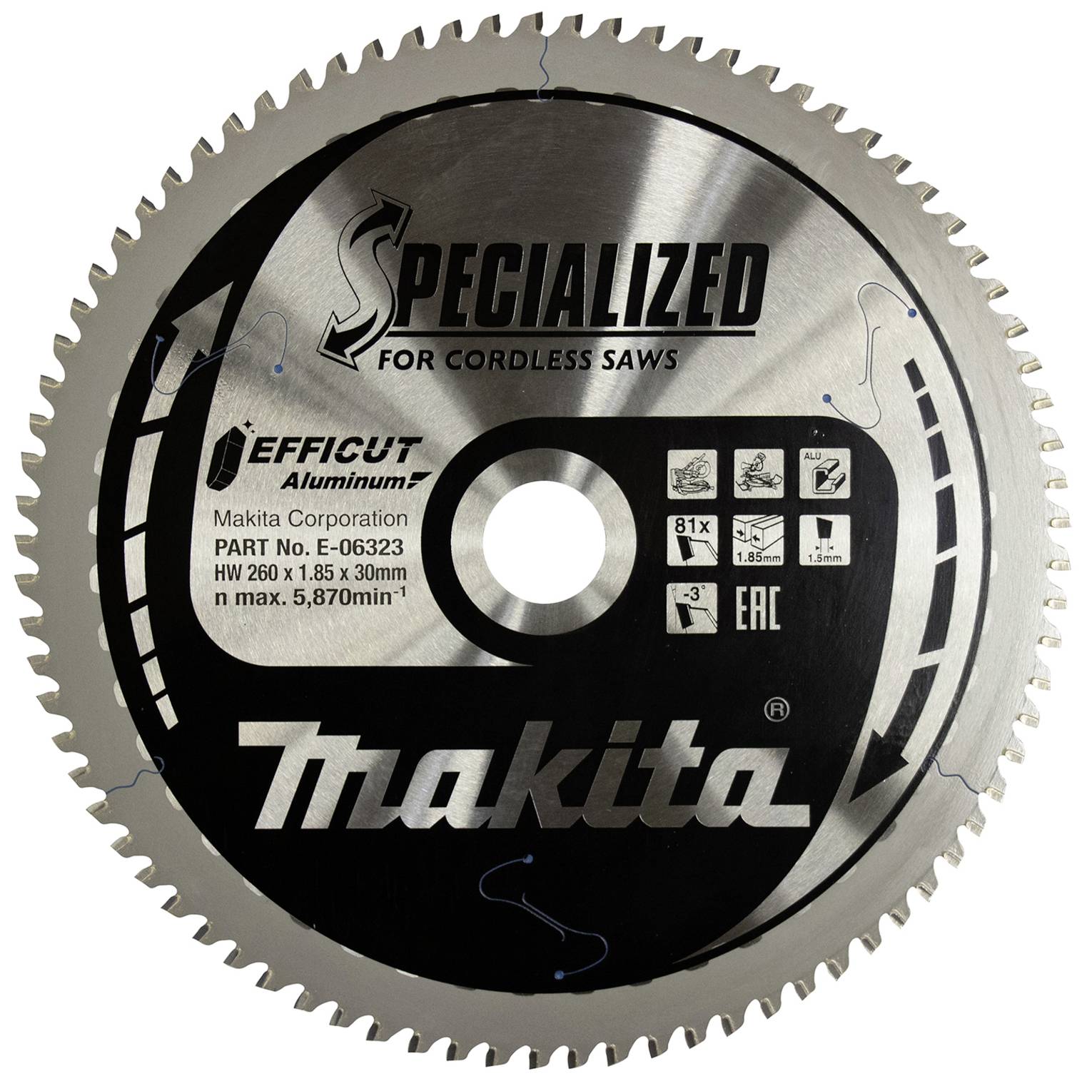 Lame de scie circulaire portant l'inscription 'Makita Specialized', adaptée aux scies sans fil. Le numéro de pièce et les caractéristiques techniques sont indiqués.