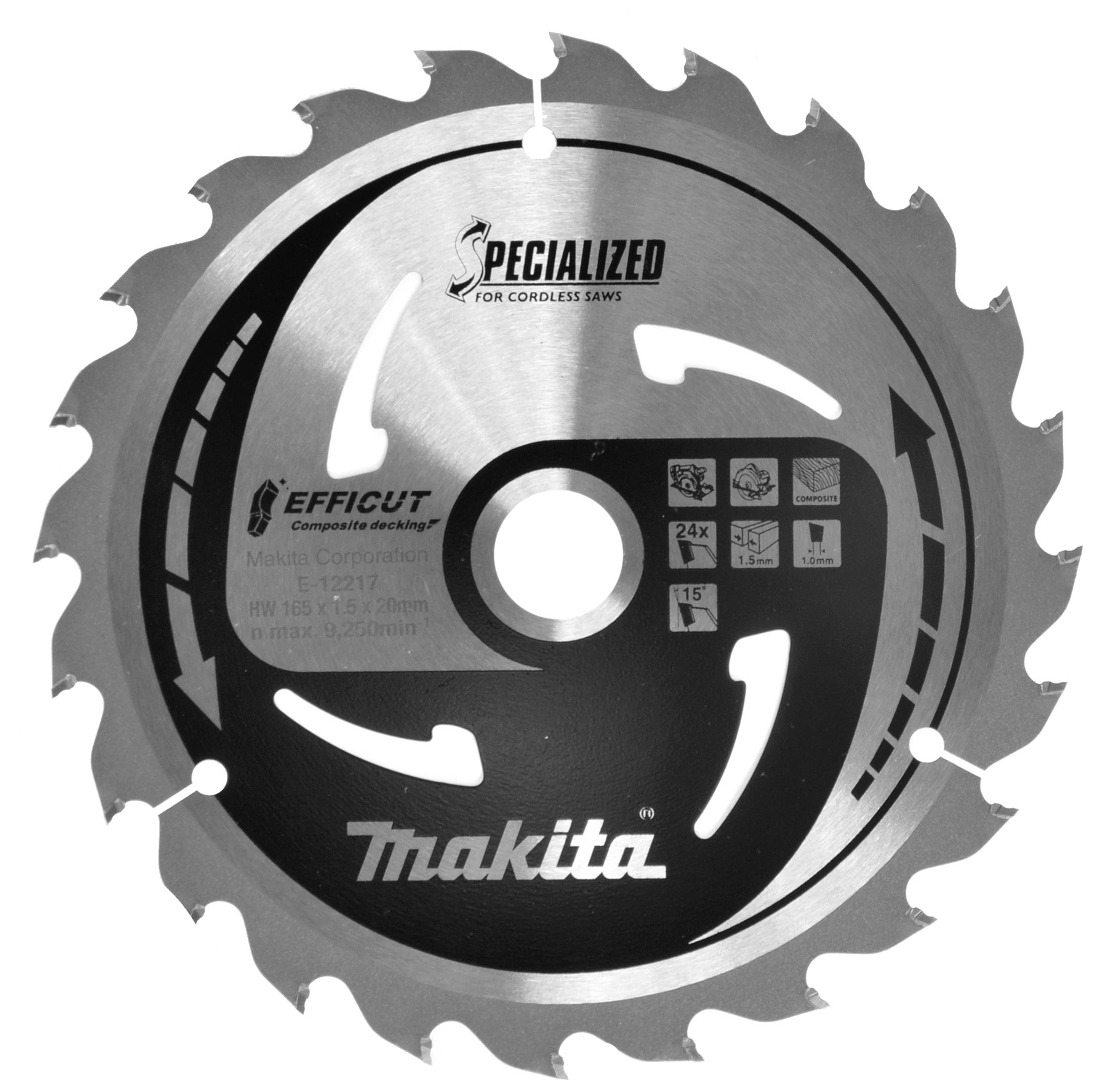 Lame de scie circulaire Makita, spécialement développée pour les scies fonctionnant sur batterie. Design distinctif avec logos de marque et spécifications techniques.