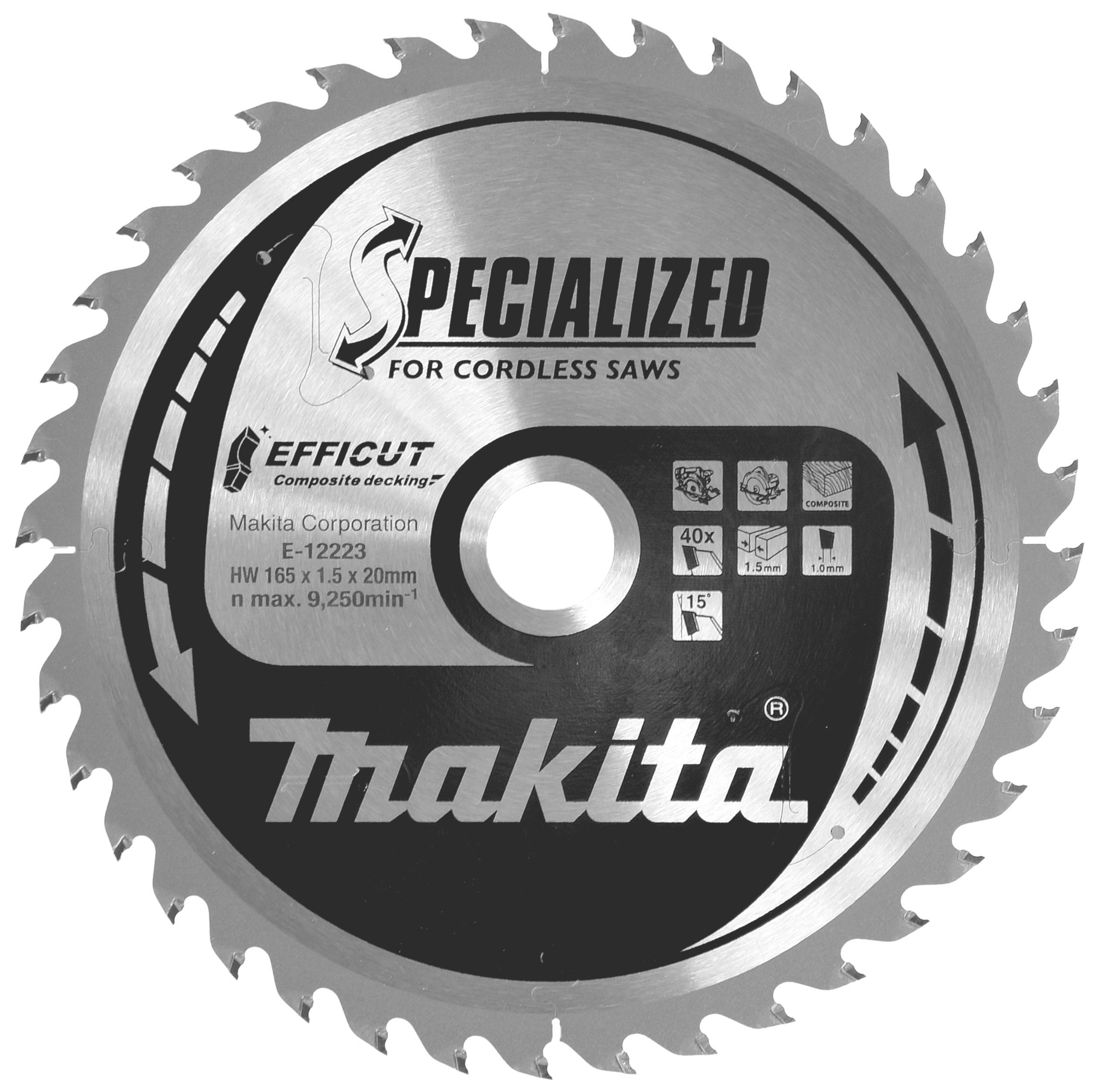Lame de scie circulaire Makita, spécialement conçue pour les scies sans fil, avec indication de la taille, du nombre de dents et de l'angle de coupe.