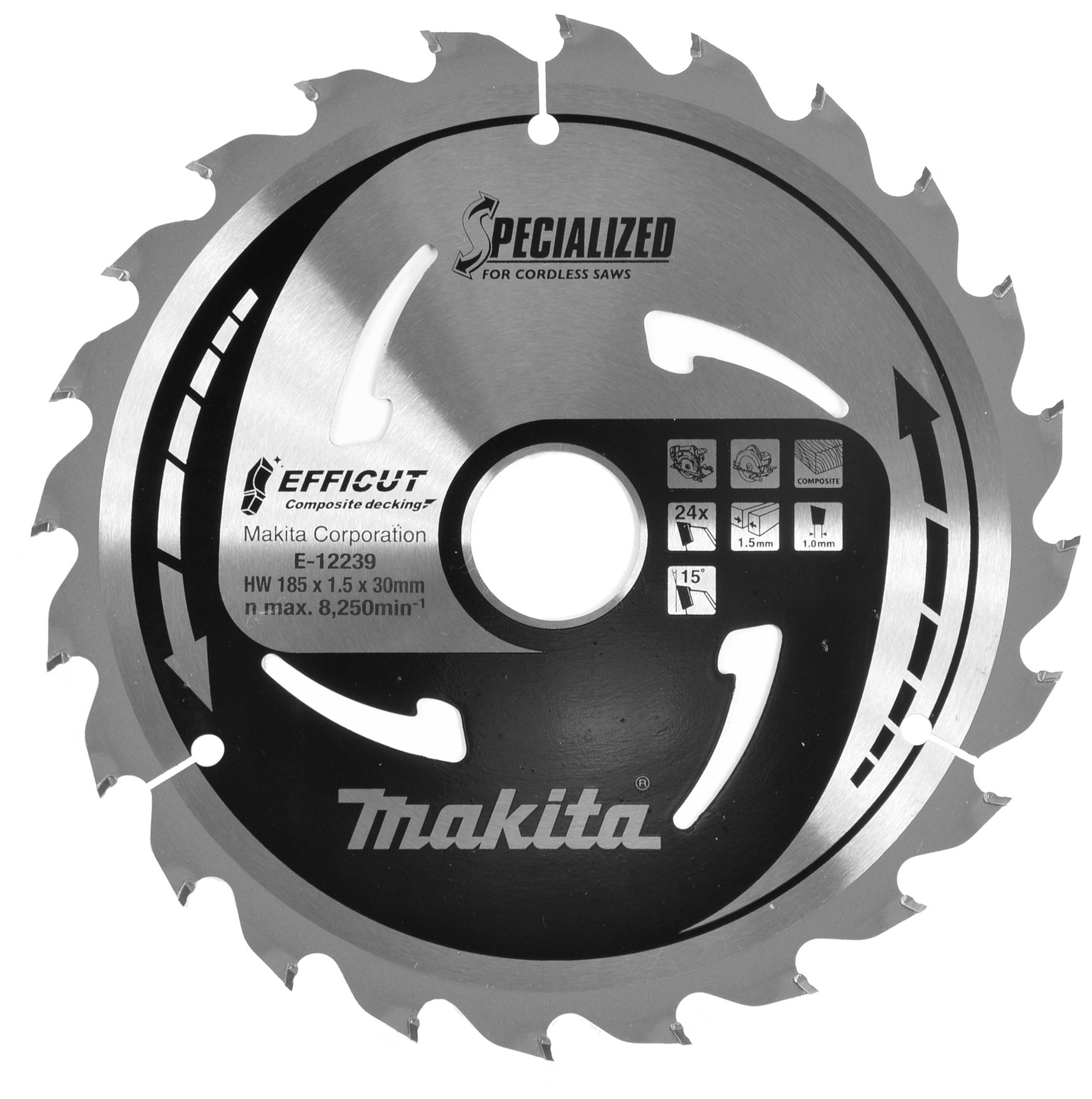 Une lame de scie circulaire de marque Makita, adaptée aux scies sans fil, présente 24 dents. Vitesse de rotation maximale : 8 250 tr/min.