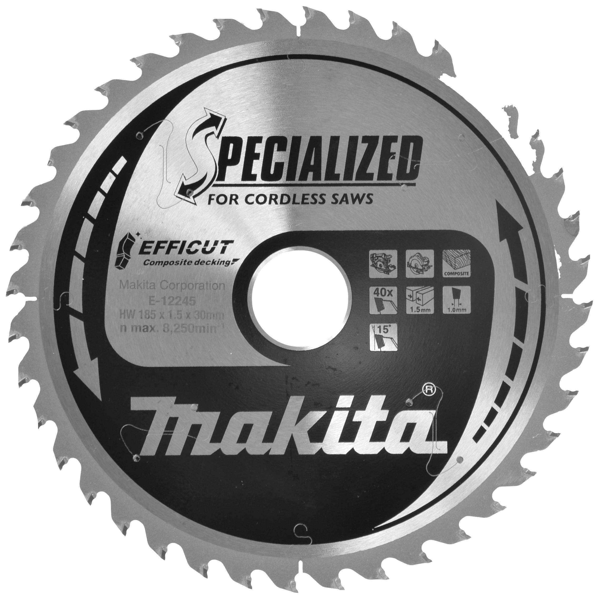 Lame de scie circulaire avec 40 dents, adaptée aux scies sans fil. Inscription : « Spécialisée pour scies sans fil », marque « Makita ».