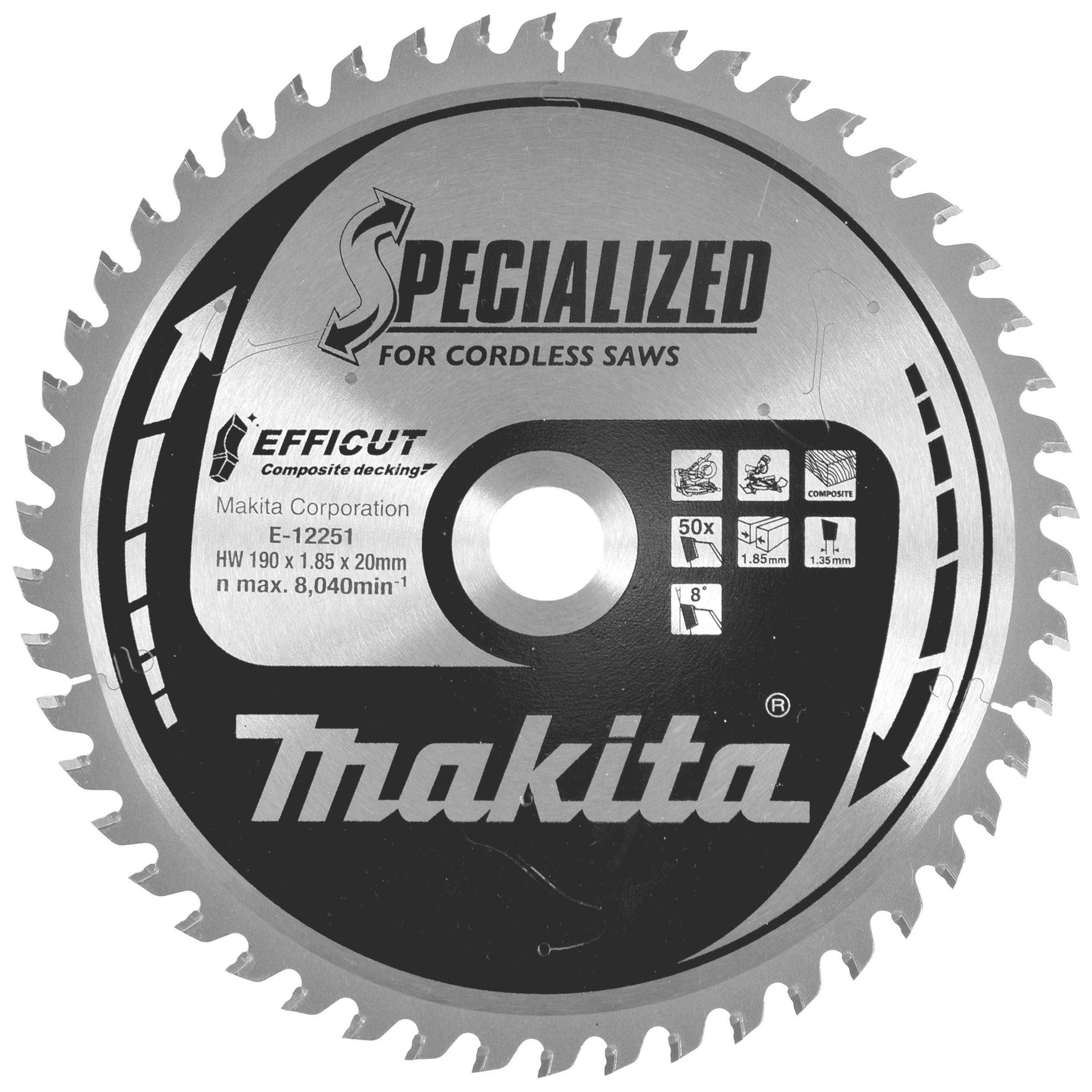 Lame de scie circulaire Makita, spécialisée pour scies sans fil. Numéro de modèle E-12251, avec 50 dents, adaptée aux matériaux en bois.
