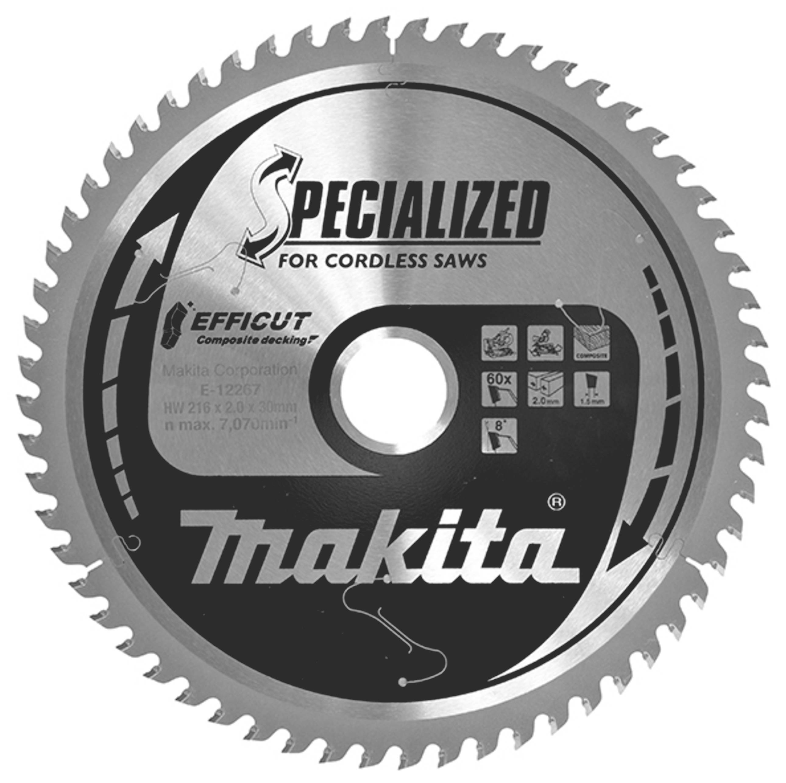 Lame de scie circulaire Makita, modèle Specialized pour scies sans fil. Argent avec texte et symboles noirs, diamètre 215 mm.