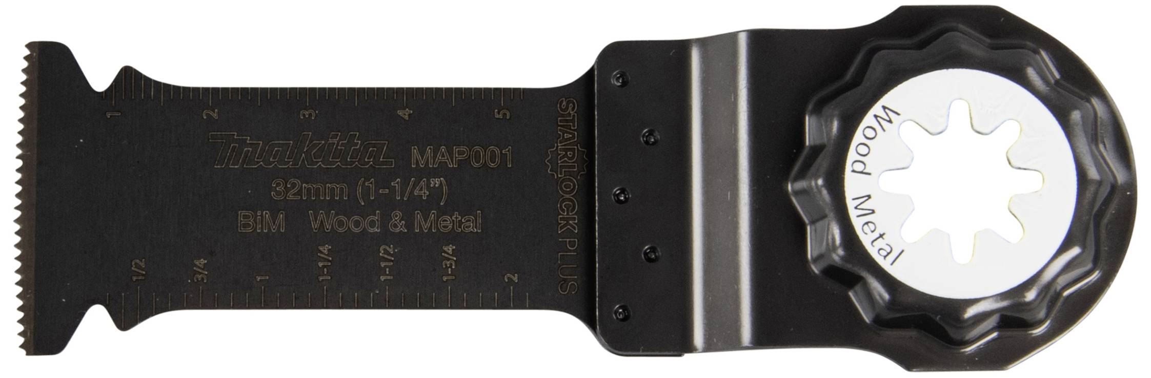 Lame d'outil multifonction avec système Starlock, adaptée au bois et au métal, longueur 82 mm, sur fond noir.