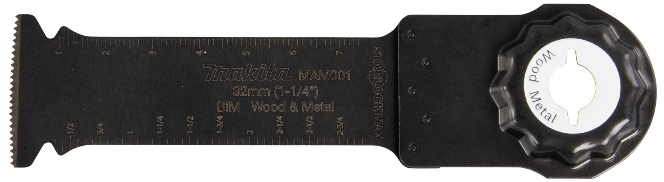 Une lame d'outil multifonction noire de 32 mm de large, adaptée au bois et au métal, avec échelle et molette de réglage.