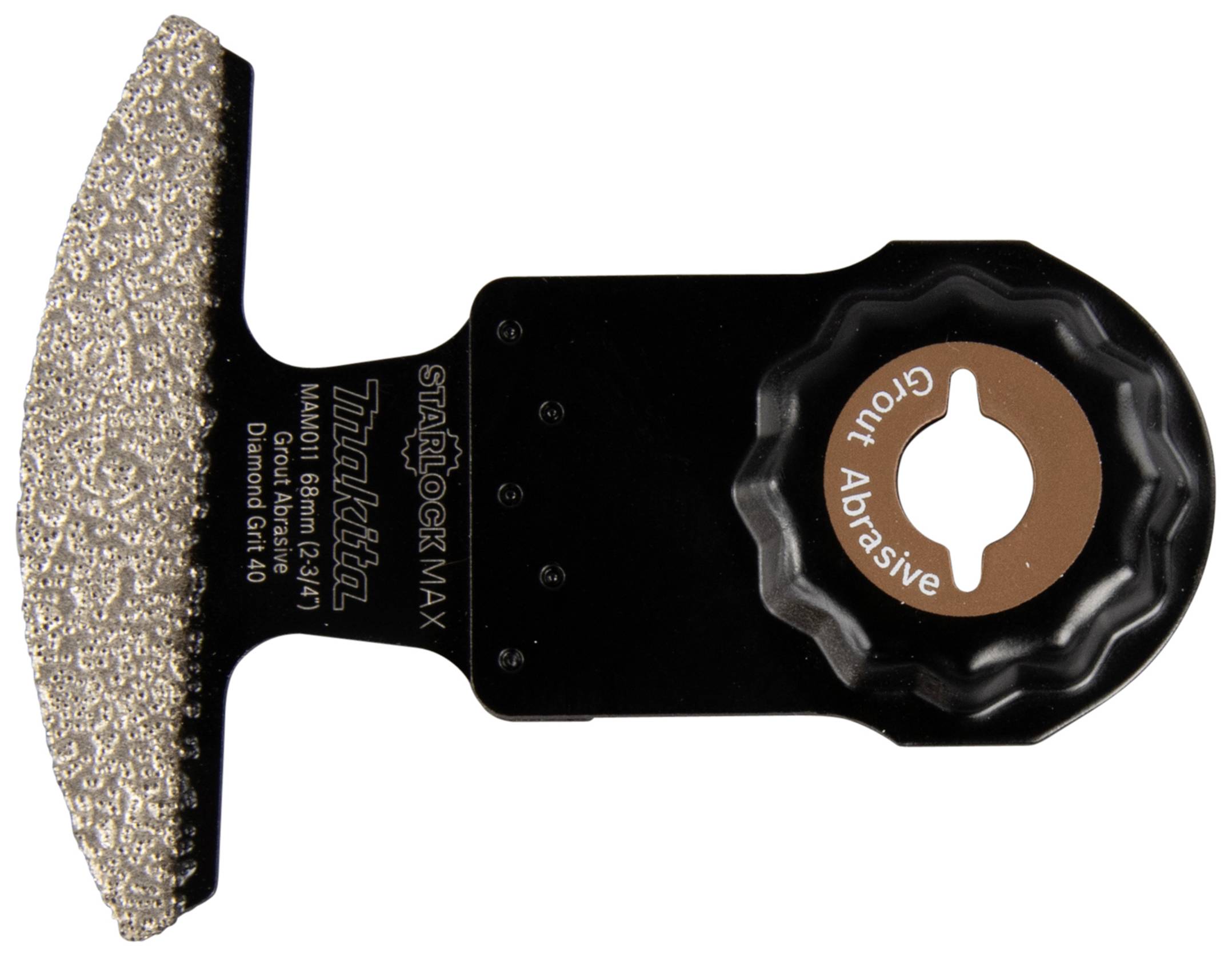 Une lame de scie oscillante multifonction avec un bord doré revêtu de diamant et une partie centrale noire. Adaptée pour la coupe abrasive.