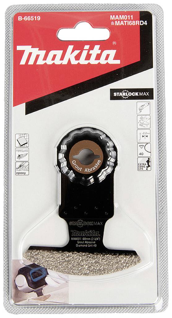 Emballage d'un outil Makita Starlock Max, modèle MAM011, compatible avec MAT168RD4. Contient un accessoire pour des travaux de finition fine.