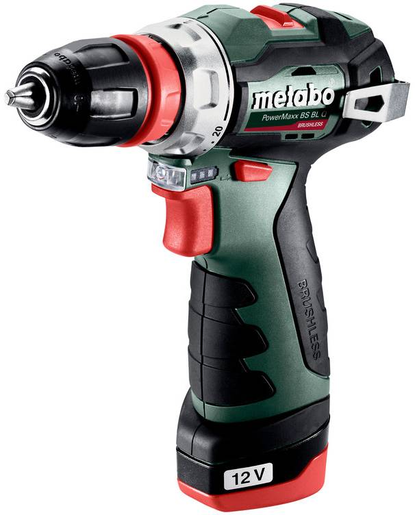 Visseuse sans fil de 12V, avec nom de marque visible, principalement conçue en noir, rouge et vert, éclairée par une lumière LED à son extrémité.