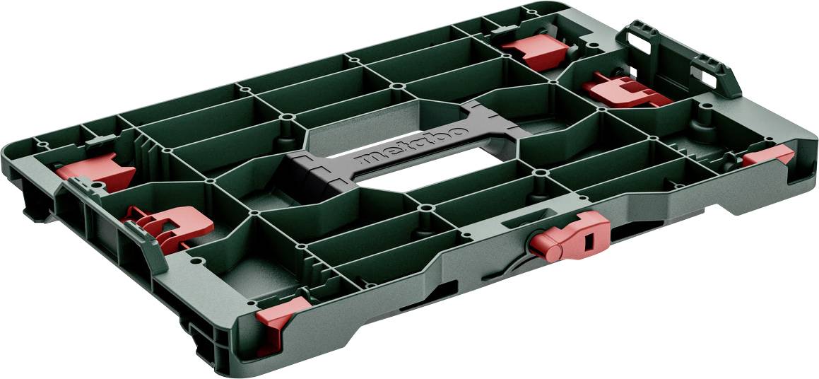 Une palette verte en plastique avec des fermoirs rouges, utilisée pour le stockage et le transport sécurisé de mallettes à outils.