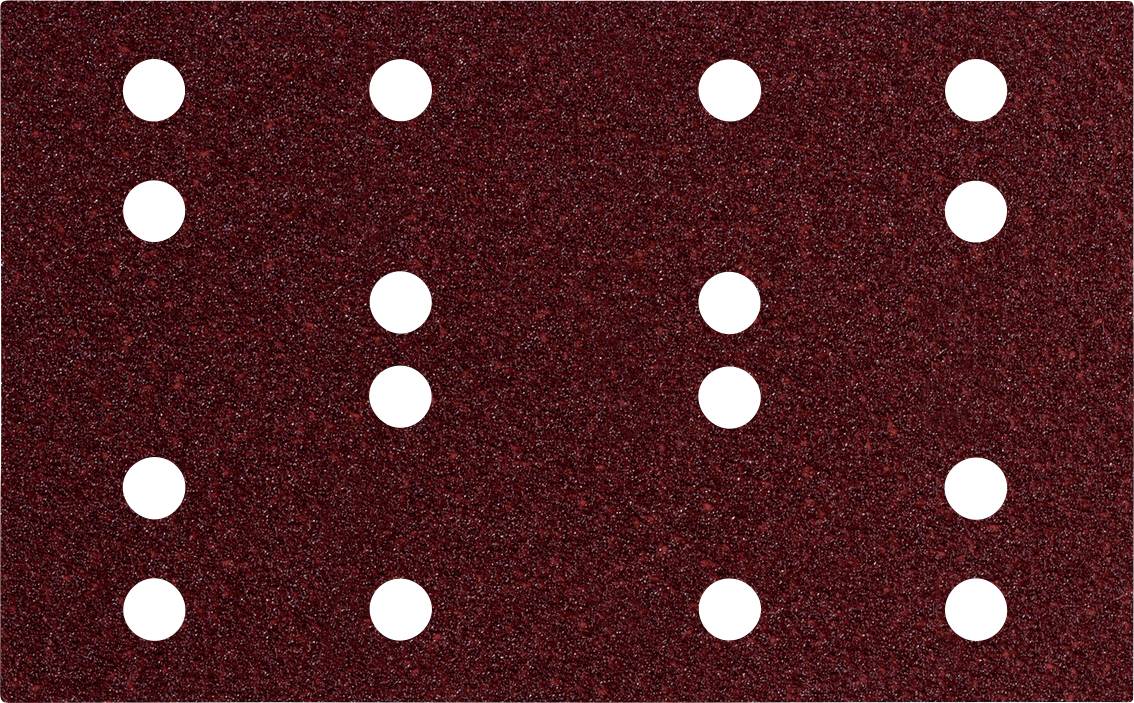 Papier de verre rouge avec 14 trous blancs disposés selon un motif régulier.