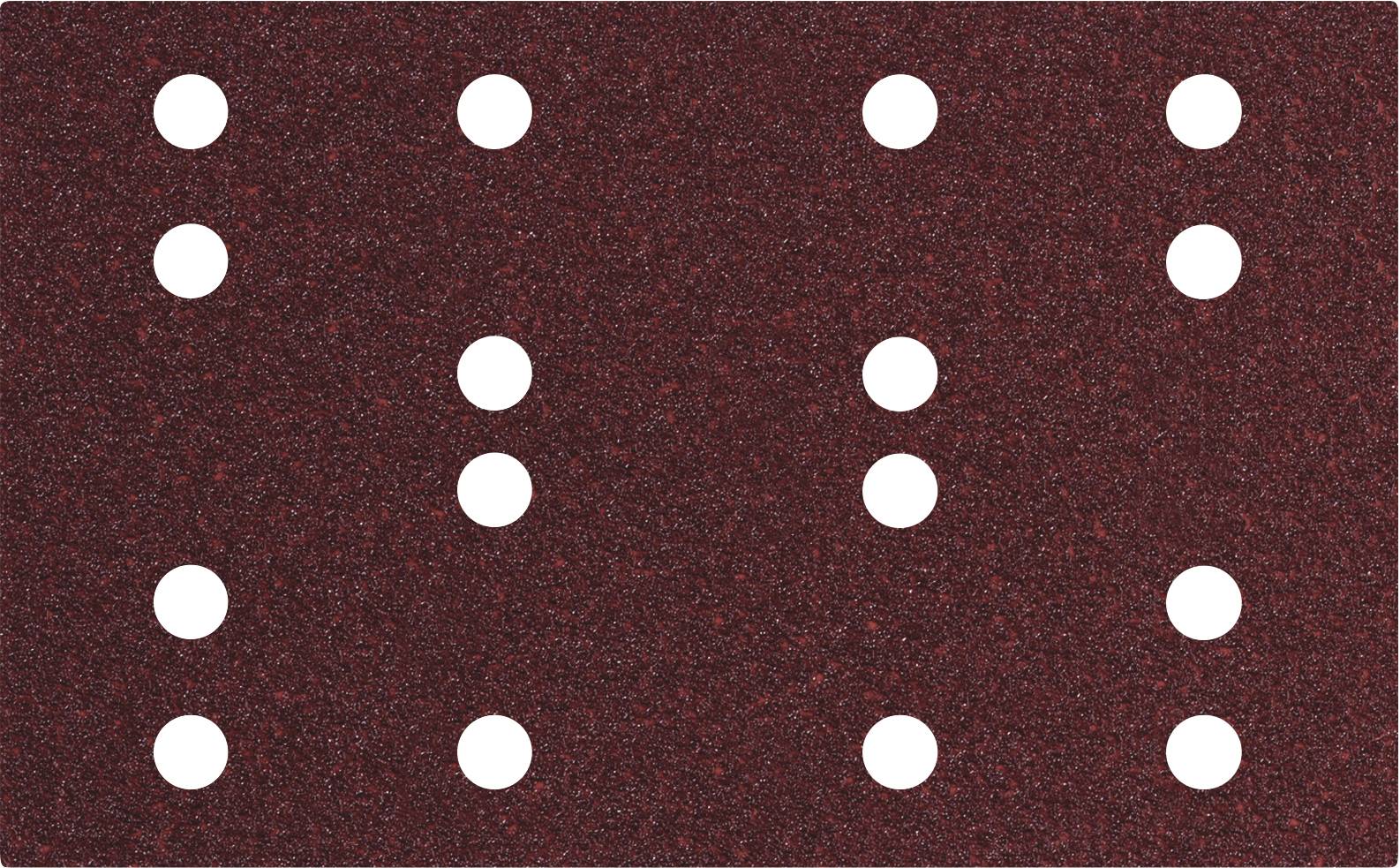 Un papier de verre rectangulaire avec 14 trous blancs disposés en rangées régulières sur une surface brune granulée.