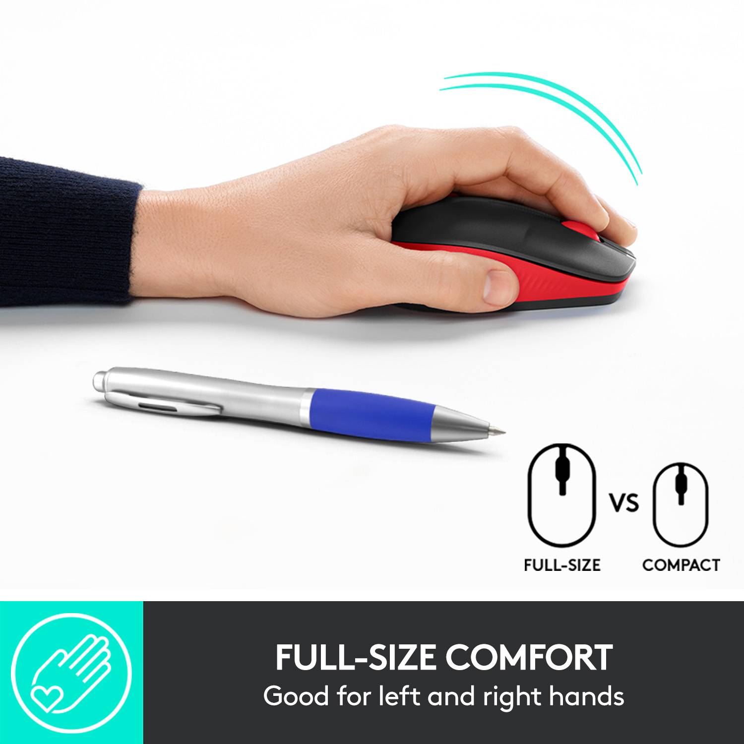 Une main tient une souris ergonomique à côté d'un stylo bleu. Texte : 'Confort grâce à un format plus grand. Adapté aux droitiers et aux gauchers.'