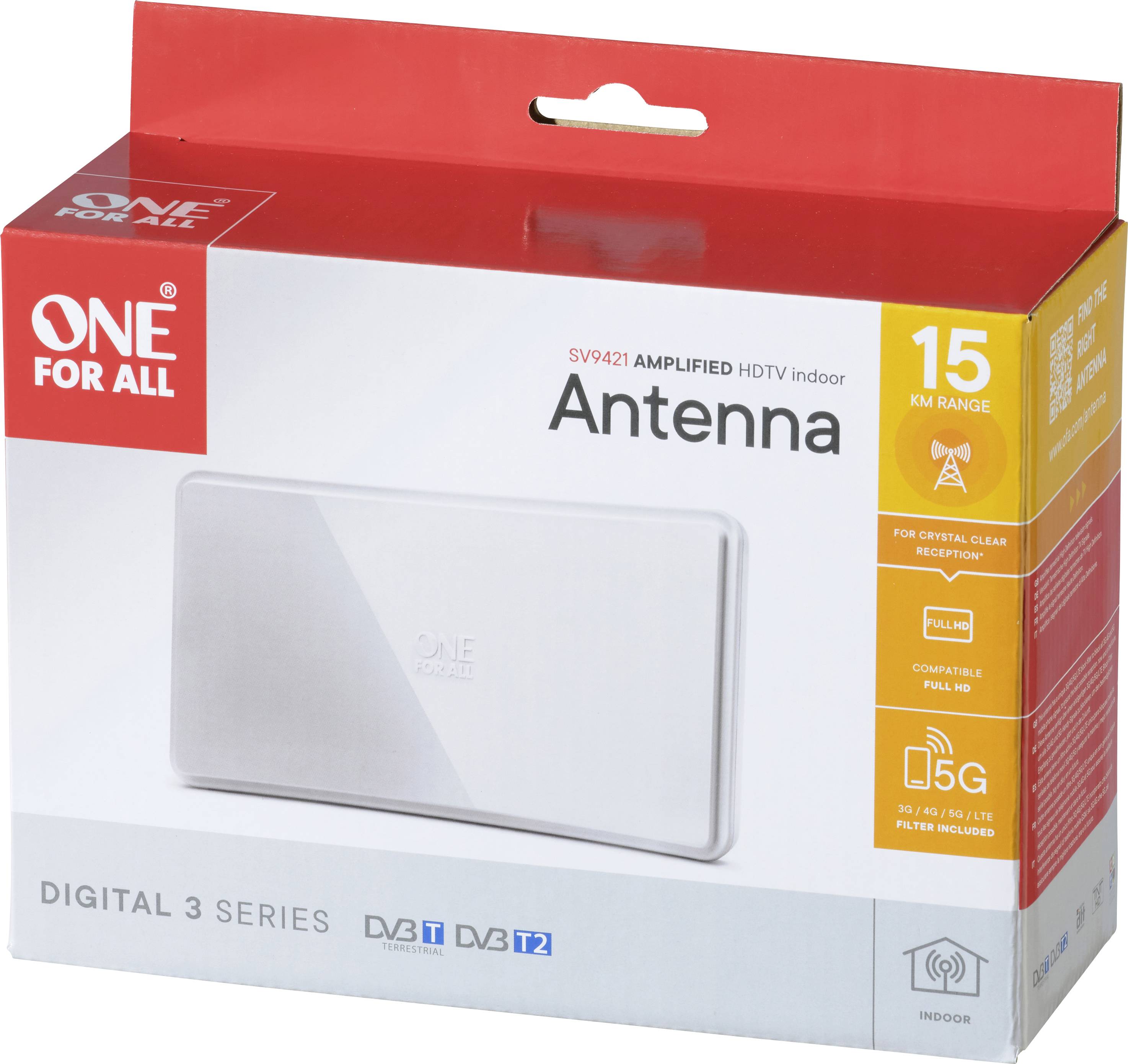 One For All SV 9421-5G Antenne plate DVB-T/T2 passive intérieure blanc