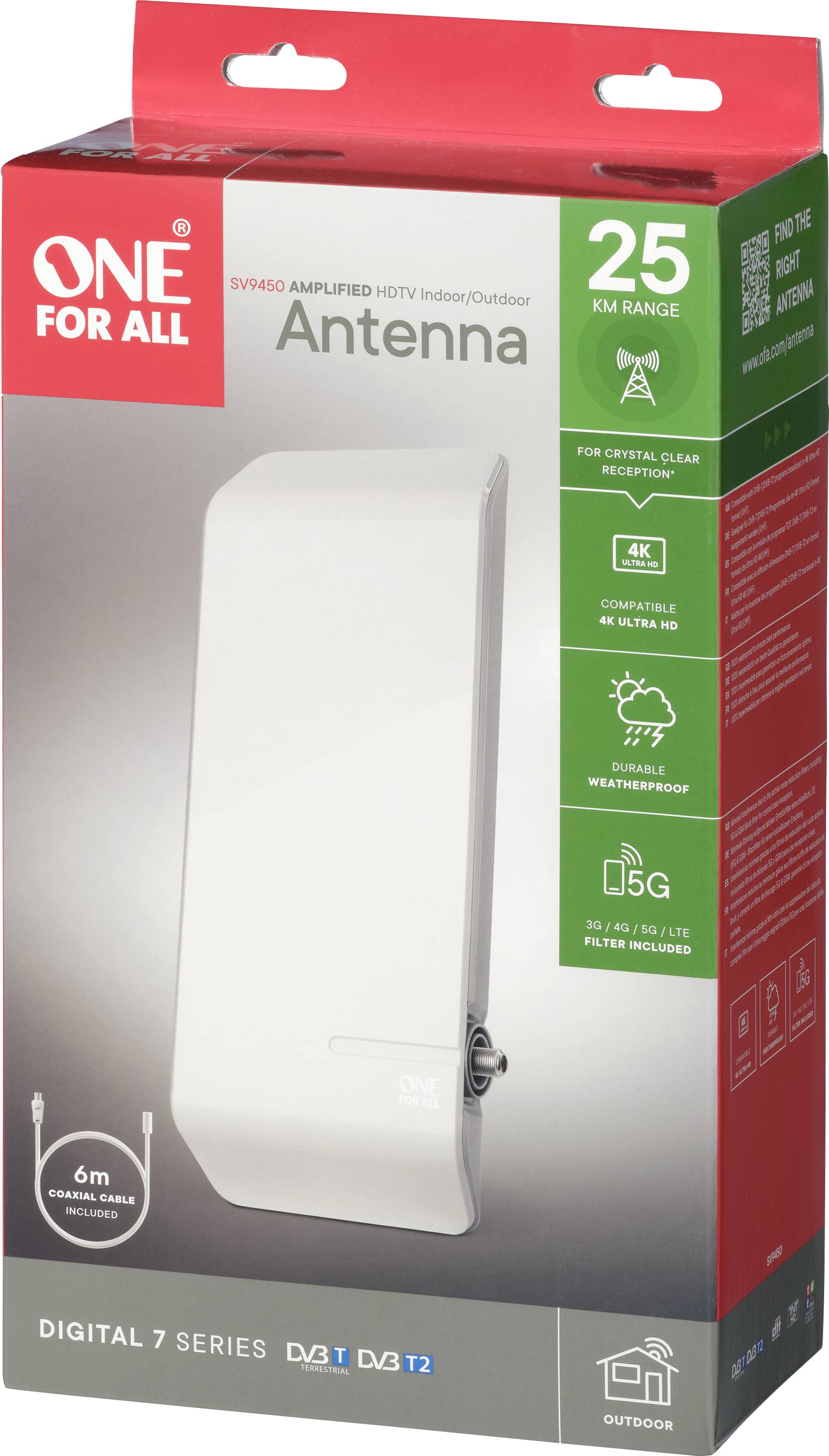 One For All SV 9450-5G Antenne plate DVB-T/T2 passive extérieure blanc