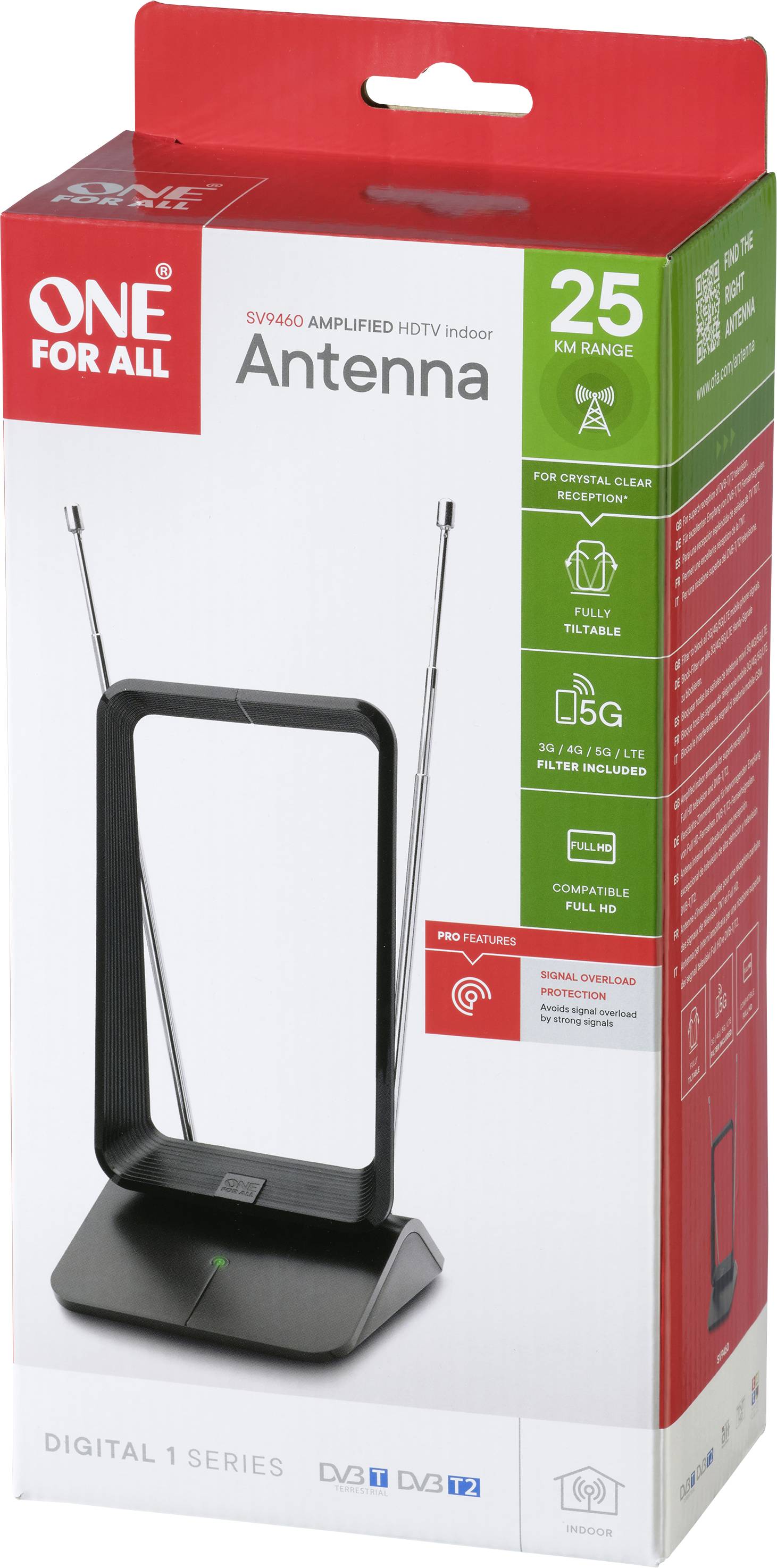 One For All SV 9460-5G Antenne télescopique DVB-T/T2 passive intérieure noir