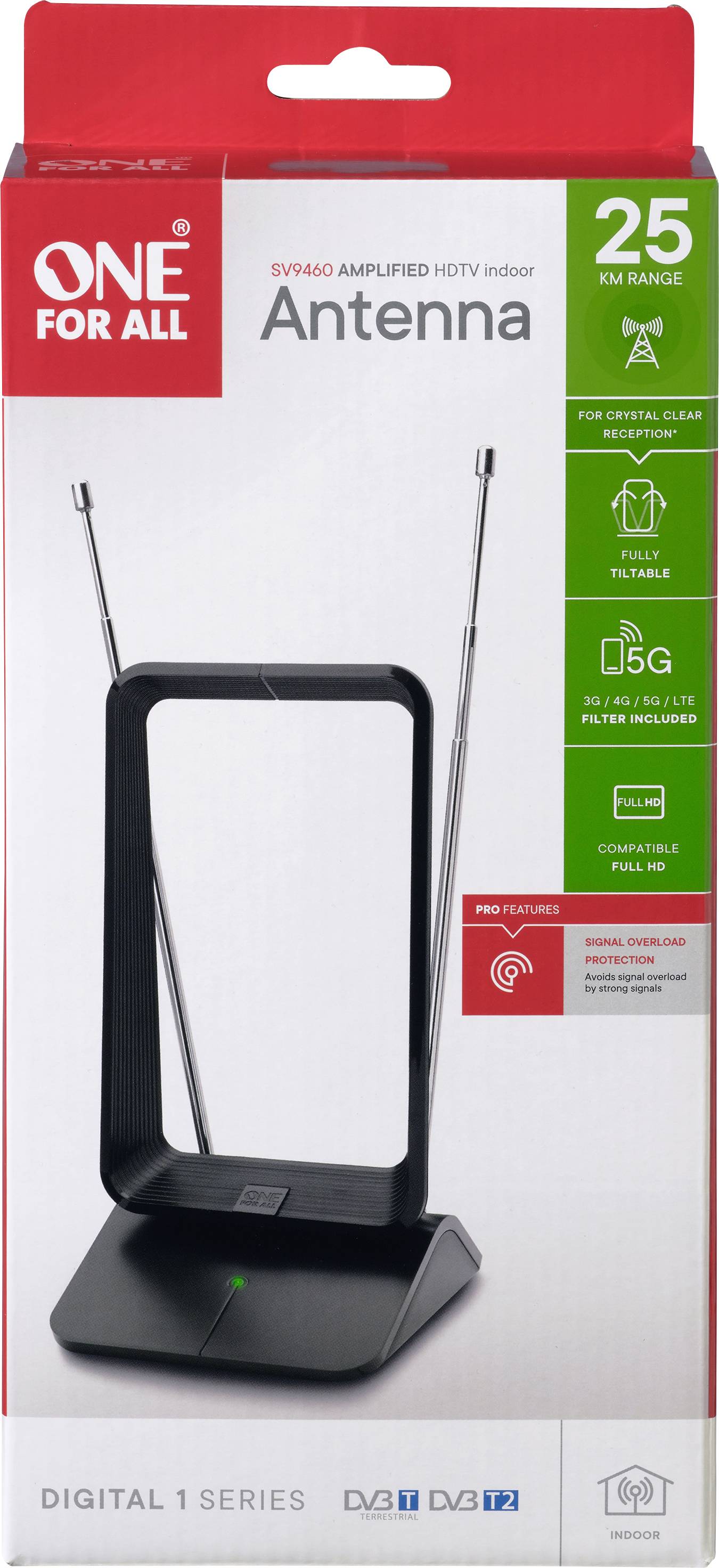 One For All SV 9460-5G Antenne télescopique DVB-T/T2 passive intérieure noir
