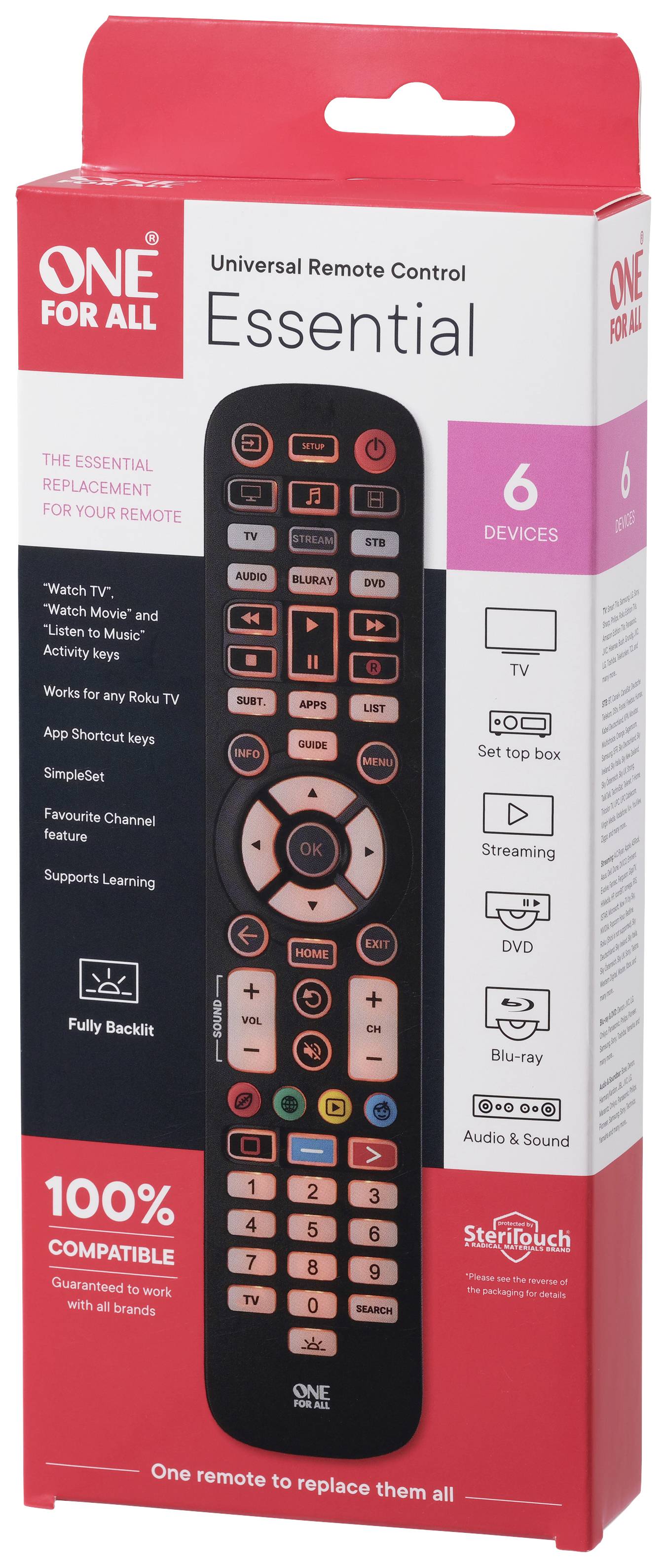 Télécommande universelle Essential pour 6 appareils : TV, décodeur, DVD, audio et son, avec touches totalement rétroéclairées, 100 % compatible.