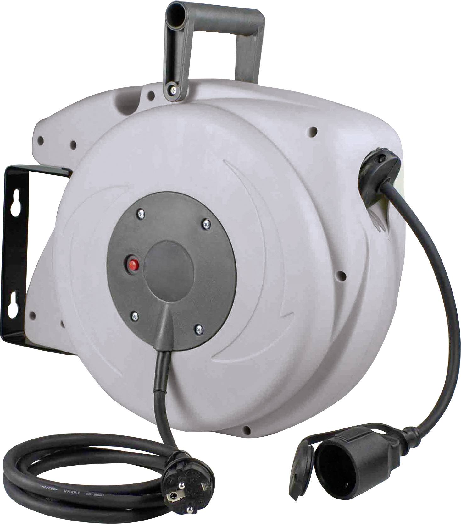 Un câble de rallonge automatiquement rétractable dans un enrouleur rond de couleur grise, avec un câble électrique noir et une poignée de fixation murale.