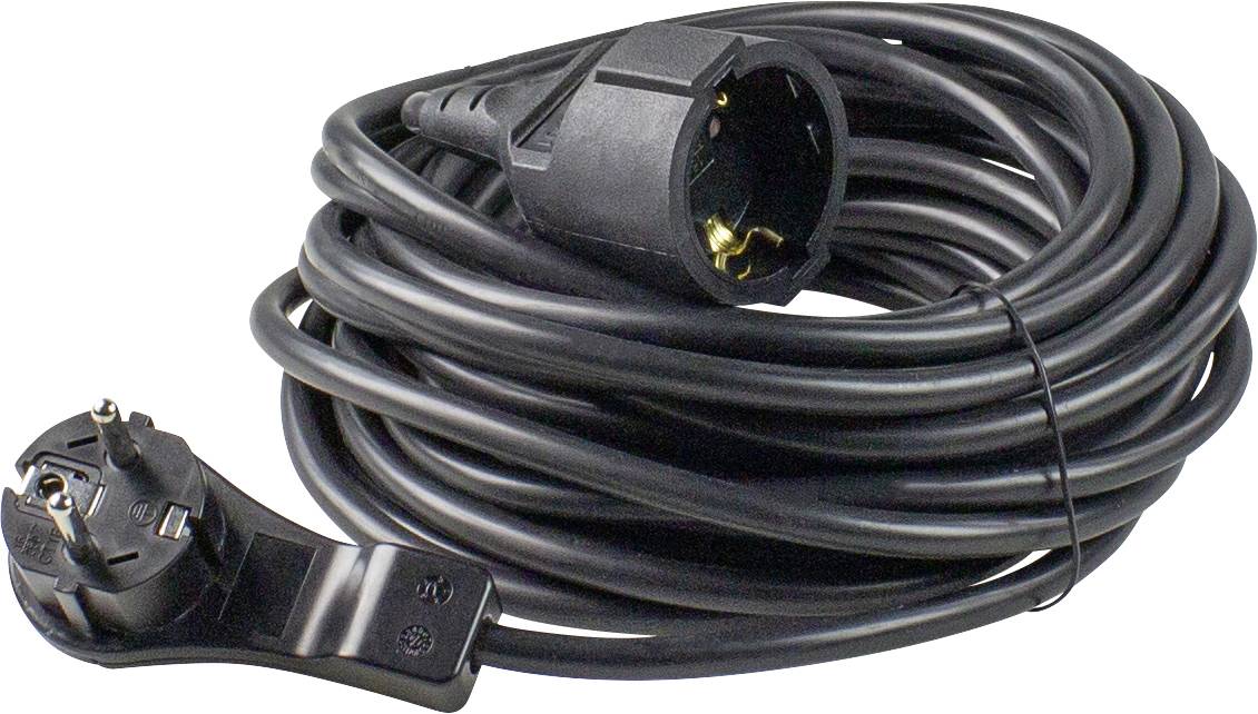 Un câble de rallonge noir avec une fiche et un socle européens, enroulé et prêt à être utilisé.