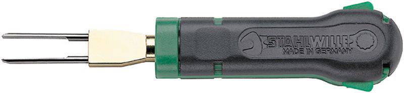 Un outil noir et vert portant l'inscription 'STAHLWILLE MADE IN GERMANY', utilisé pour extraire des contacts électriques.