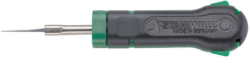 Tournevis à poignée verte ; inscription 'STAHLWILLE MADE IN GERMANY'.