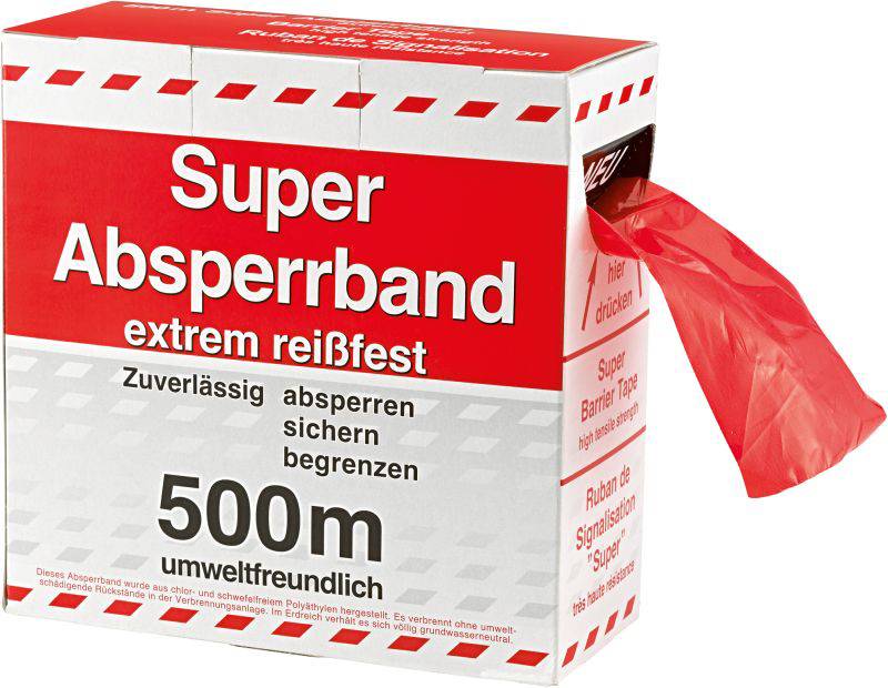 Un rouleau de ruban de signalisation rouge, décrit comme 'Ruban de signalisation super résistant, extrêmement solide, 500m, écologique'.
