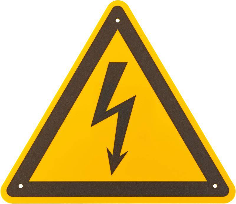 Gelbes Warnschild mit schwarzem Blitzsymbol, das auf elektrische Gefahr hinweist.