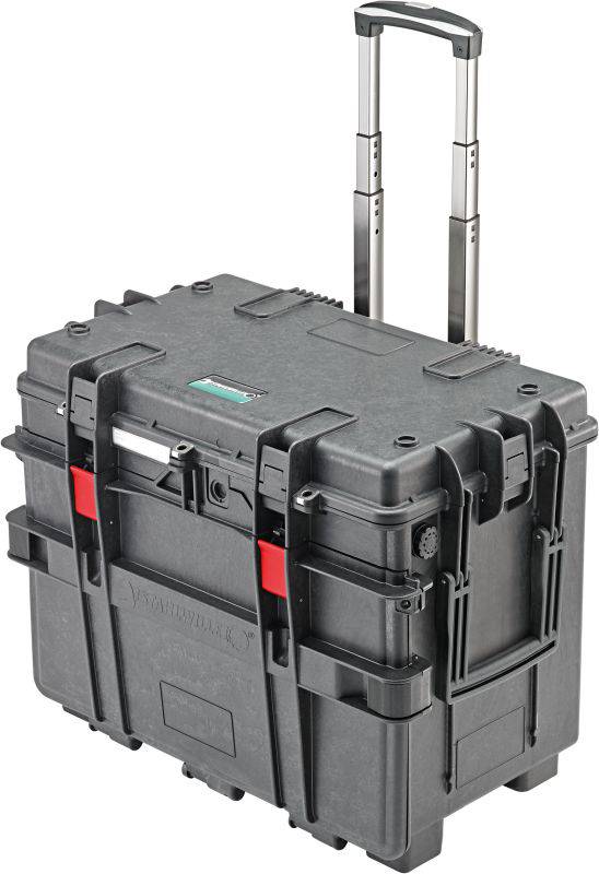 Valise de transport noire, robuste et à roulettes avec poignée télescopique, adaptée au transport sécurisé d'équipements sensibles.