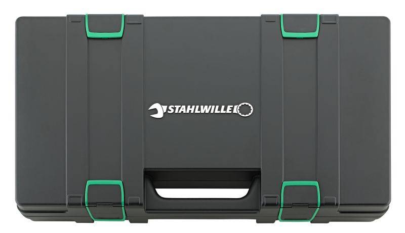 Coffret à outils noir avec fermeture verte et logo blanc 'Stahlwille' au centre.