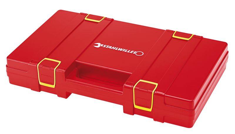 Coffret à outils rouge avec des fermoirs jaunes et le logo 'STAHLWILLE' sur le couvercle.