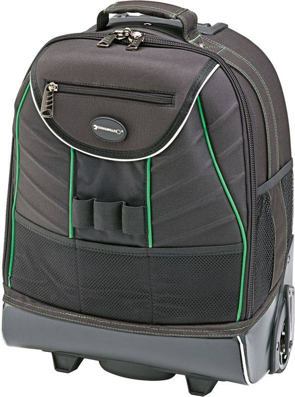 Un sac à dos à roulettes noir avec des accents verts et plusieurs poches. Il dispose d'une poignée télescopique et est idéal pour les voyages.