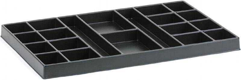 Boîte de rangement noire pour couverts avec plusieurs compartiments de différentes tailles, destinée au rangement d'ustensiles de cuisine.