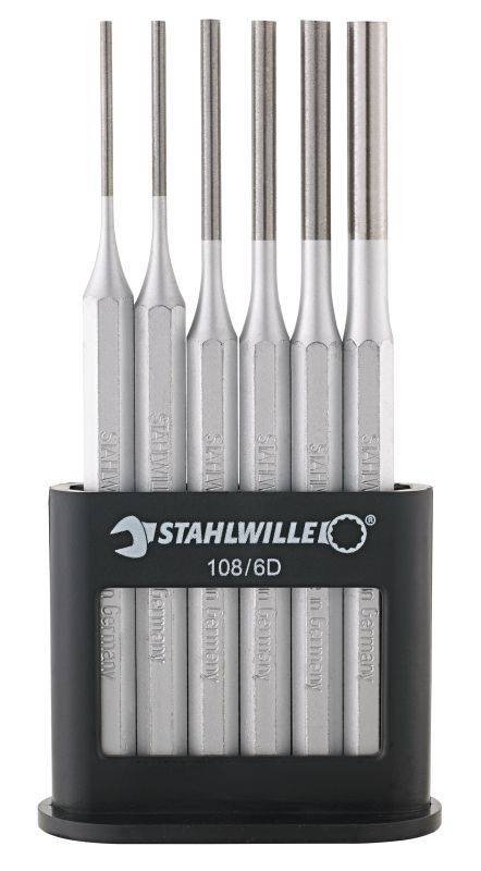 Ensemble de 6 chasse-goupilles en métal de STAHLWILLE, dans un support noir.