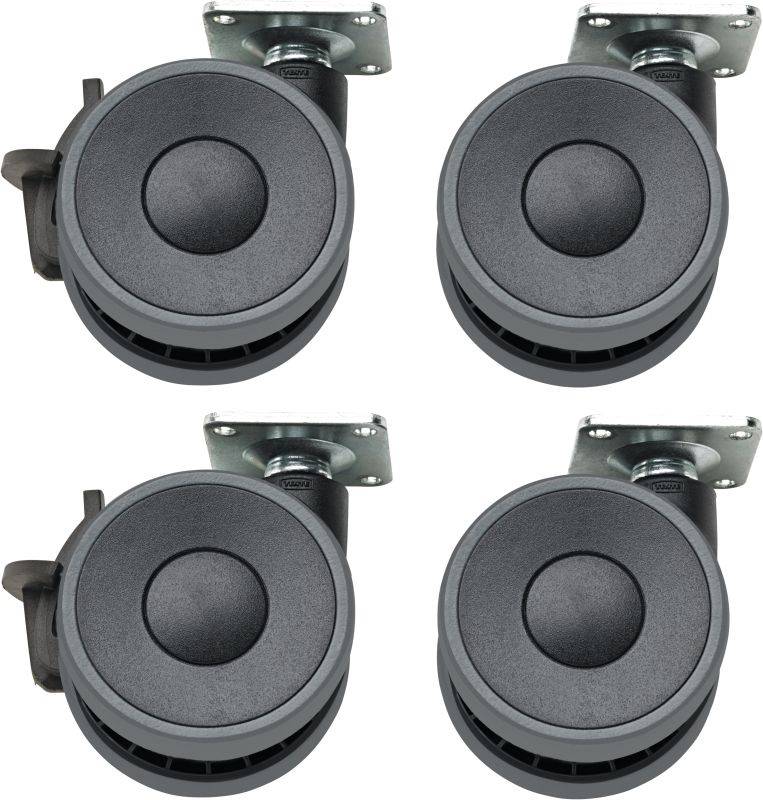 Quatre roulettes pivotantes noires avec plaques de fixation, disposées côte à côte. Adaptées aux chaises ou aux meubles pour un déplacement facile.