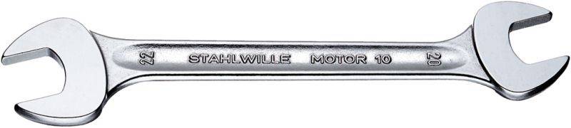 Une clé à fourche double en argent portant les inscriptions '22', 'STAHLWILLE', 'MOTOR 10', '21'.
