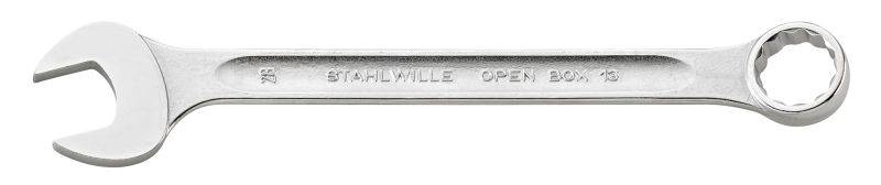Une clé à molette en métal avec des extrémités ouvertes et annulaires, gravée 'Stahlwille Open Box 13'.