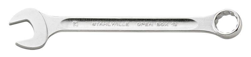 Une clé à molette en argent avec un côté ouvert et un côté en anneau, portant l'inscription « STAHLWILLE OPEN BOX 12 ».