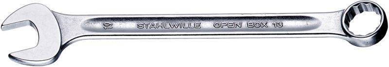 Une clé combinée en argent, dont la poignée porte la gravure 'STAHLWILLE OPEN BOX 19'. À gauche, une fourche ouverte, à droite, un anneau.