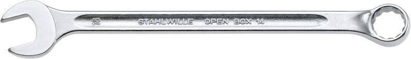 Une clé à molette en argent avec une ouverture et une extrémité à anneau, portant l'inscription 'STAHLWILLE OPEN-BOX 14'.