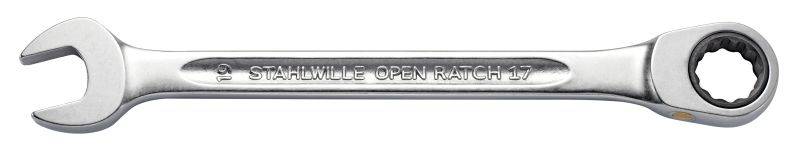 Une clé à molette couleur argent portant la gravure 'STAHLWILLE OPEN RATCH 17', présentant une ouverture ouverte et une ouverture à cliquet.