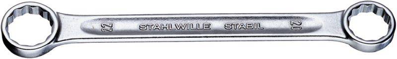 Clé à double embout en métal portant l'inscription « STAHLWILLE ». Un côté indique la taille 22, l'autre la taille 23.