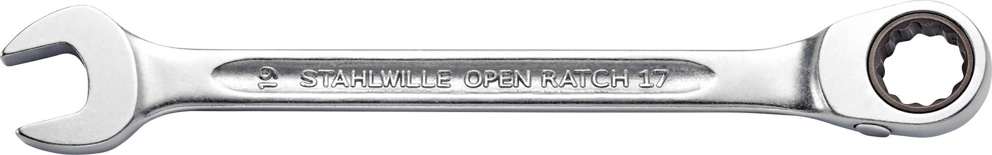 Une clé à anneau brillant gravée 'STAHLWILLE OPEN RATCH 17', présentant une ouverture ouverte et une ouverture à cliquet.