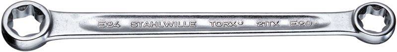 Metallschlüssel mit zwei Torx-Bits an den Enden, Markierung 'STAHLWILLE' und 'TX20'. Schlüssel in horizontaler Ausrichtung.