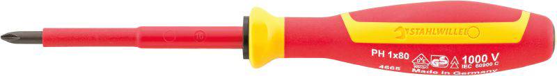 Un tournevis rouge, vérifié VDE, avec manche isolé et pointe cruciforme, adapté aux travaux électrotechniques.