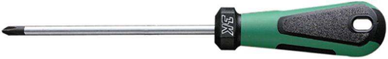 Tournevis cruciforme avec manche vert et noir, adapté pour serrer ou desserrer des vis à empreinte cruciforme.