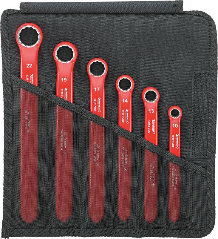 Ensemble de 6 clés polygonales fermées de différentes tailles, rangées par ordre croissant dans une pochette noire.