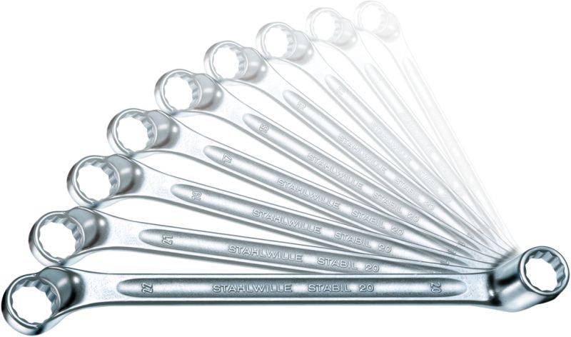 Un jeu de clés polygonales de différentes tailles, étalé en éventail. Le matériau principal est le métal, avec une surface brillante.