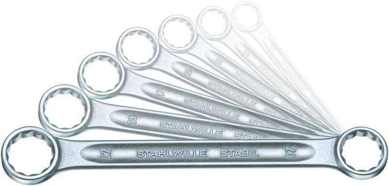 Six clés à fourche de tailles différentes, disposées en éventail, du plus petit au plus grand.
