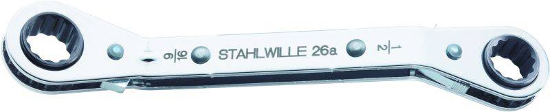 Clé polygonale 'Stahlwille 26a', double face avec mécanisme à cliquet, couleur argent, avec profil de denture noir aux deux extrémités.