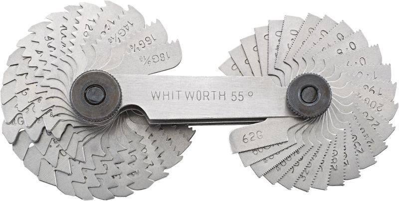 Calibre de filetage Whitworth 55° à plusieurs lames éventail pour mesurer différents pas de vis dans le domaine de la construction mécanique.
